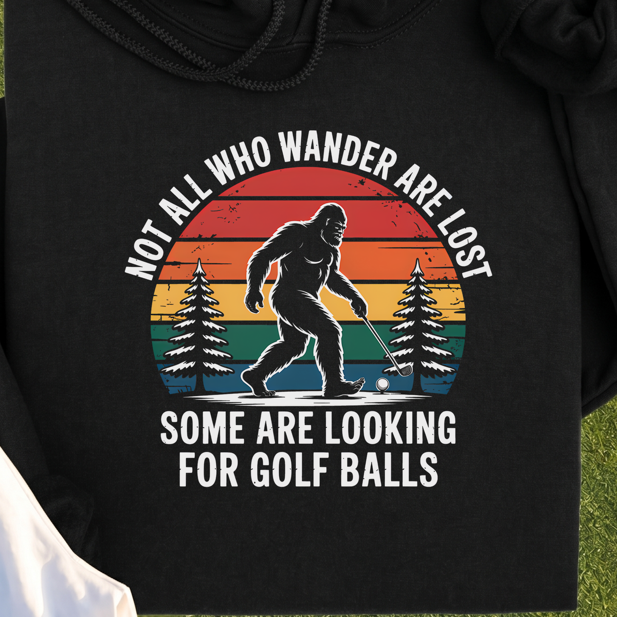 Wandering Sasquatch Hoodie, print close-up on Black