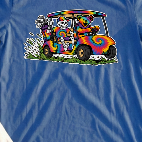 Sending The Cart Tee, print close-up on Royal