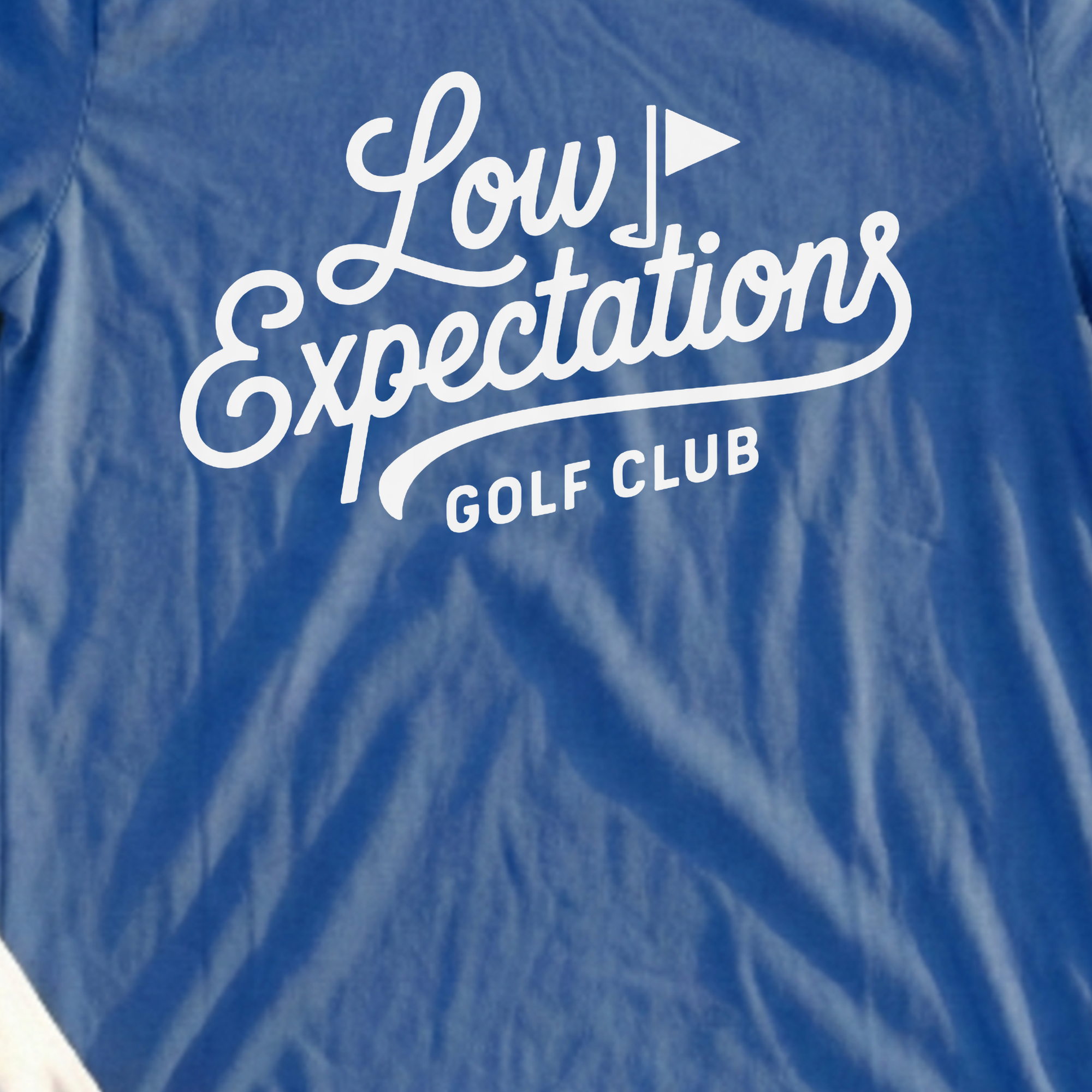 Low Expectations Club Tee, print close-up on Royal