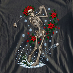 Skeleton Swing Christmas Tee, print close-up on Black