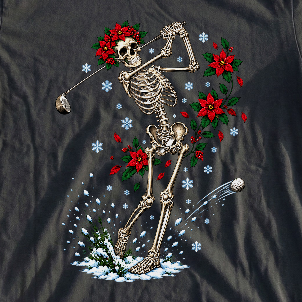Skeleton Swing Christmas Tee, print close-up on Black