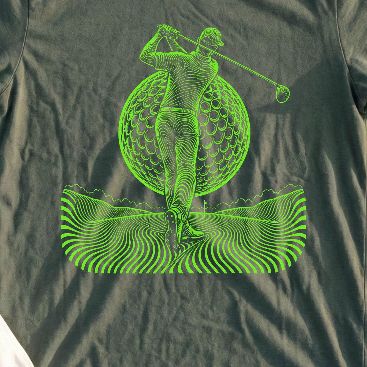 Neon Contour Swing, Giant Ball Tee, print close-up on Military Green