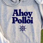 Ahoy Polloi Hoodie, print close-up on Sport Grey