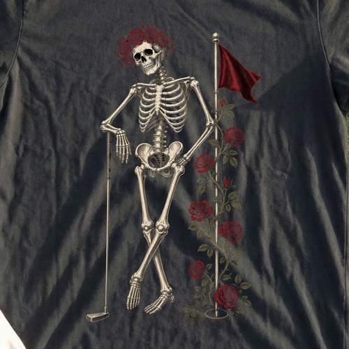 Rose Skeleton Leaning Tee, print close-up on Black