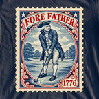 Fore Father Stamp Tee, print close-up on Navy