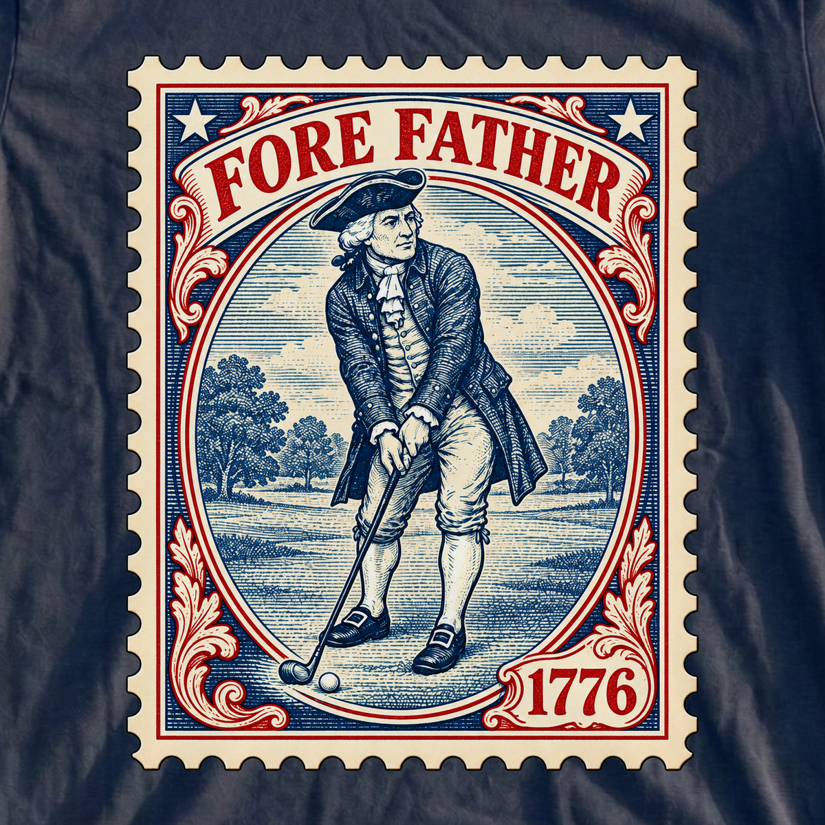 Fore Father Stamp Tee, print close-up on Navy