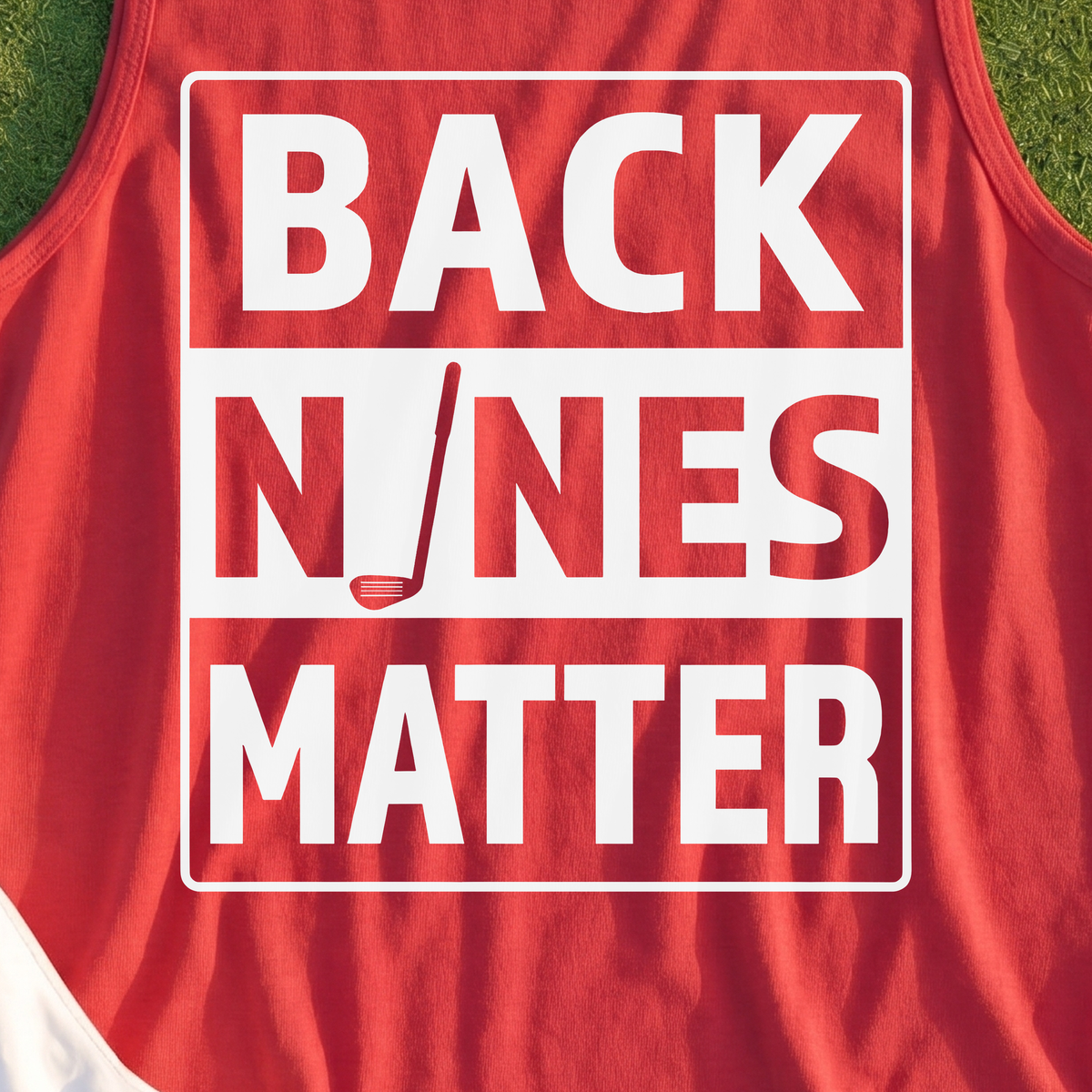 Back Nines Matter Tank, print close-up on Red