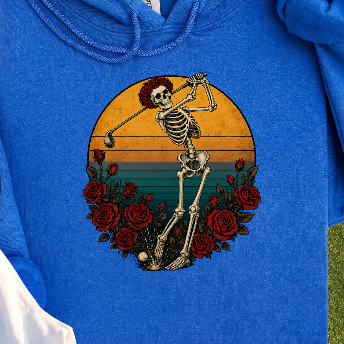 Skeleton Swing Sunset Hoodie, print close-up on Royal