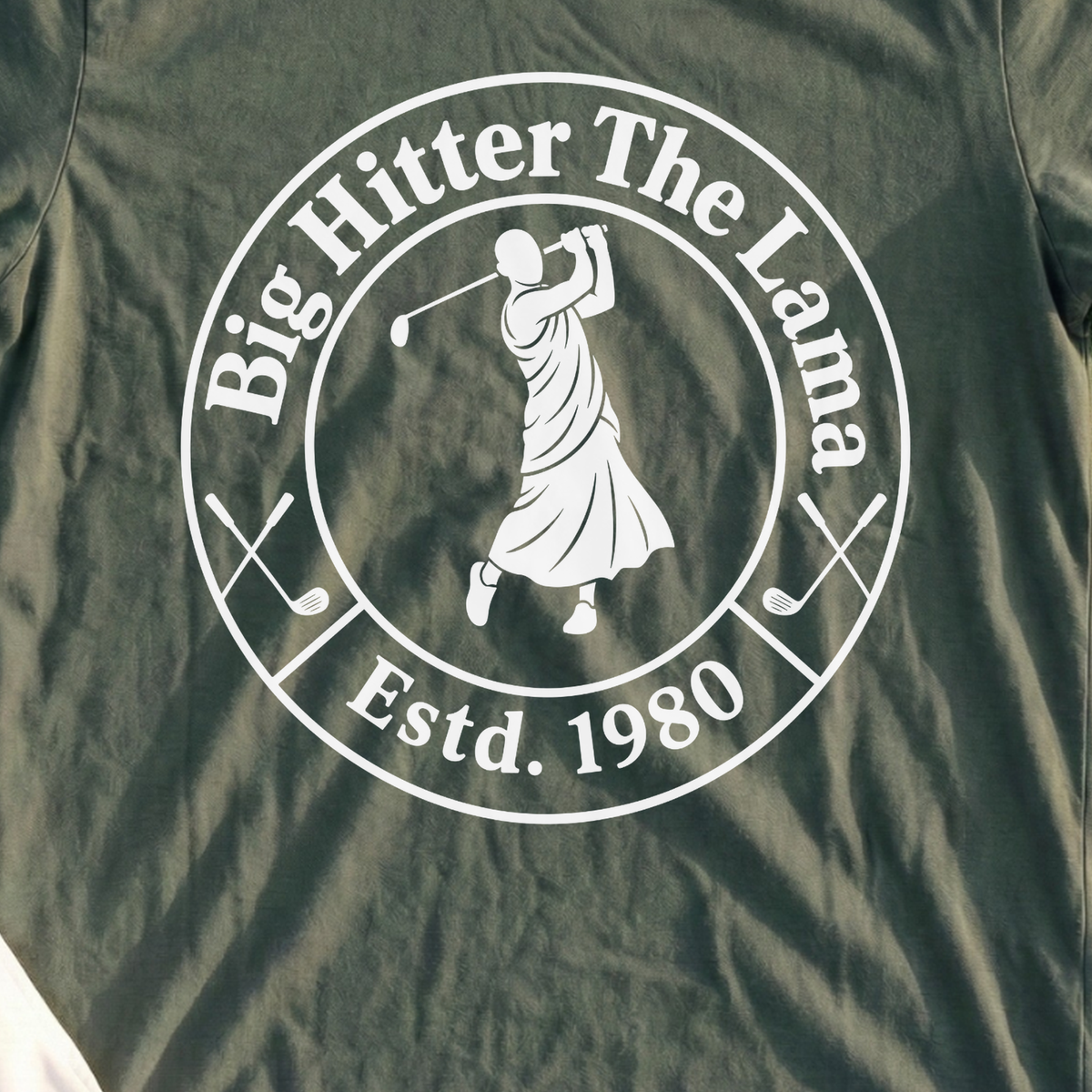 Big Hitter Badge Tee, print close-up on Military Green