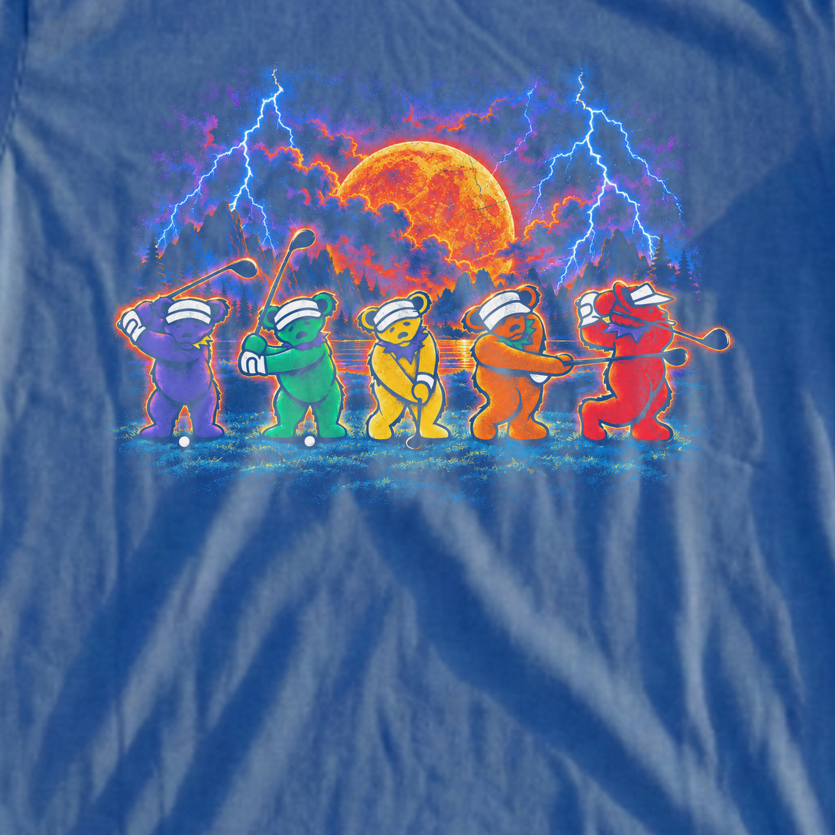 Golf Swing Bears Rock Tour Tee, print close-up on Royal