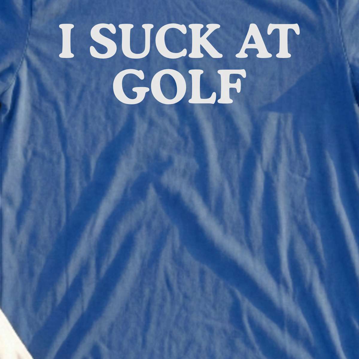 I Suck At Golf Retro Tee, print close-up on Royal