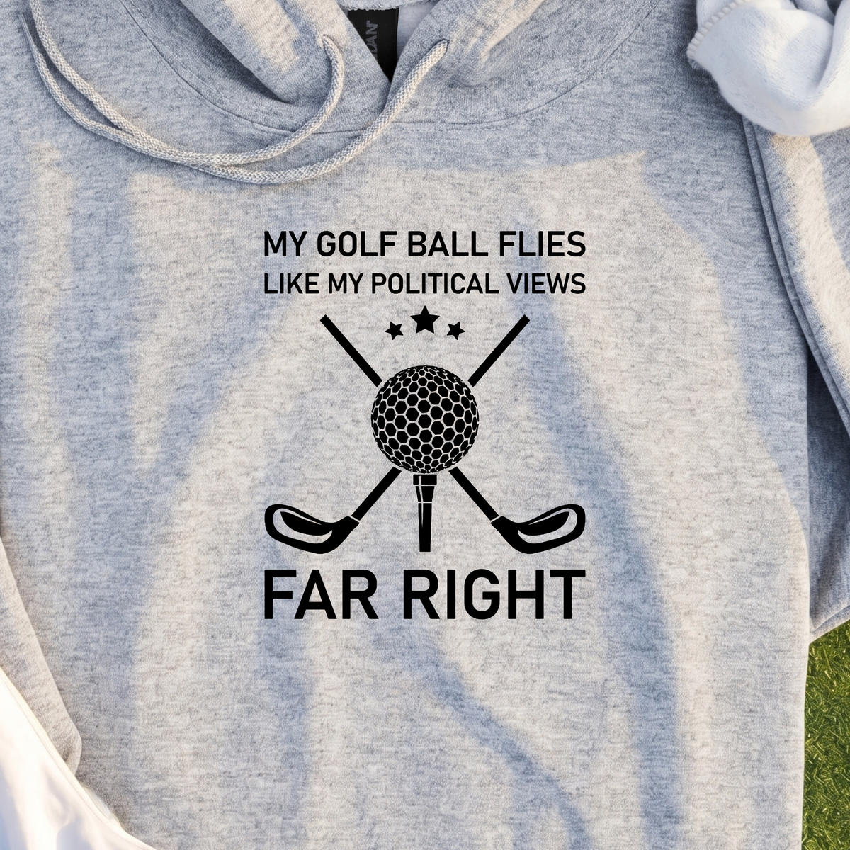 Far Right Hoodie, print close-up on Sport Grey