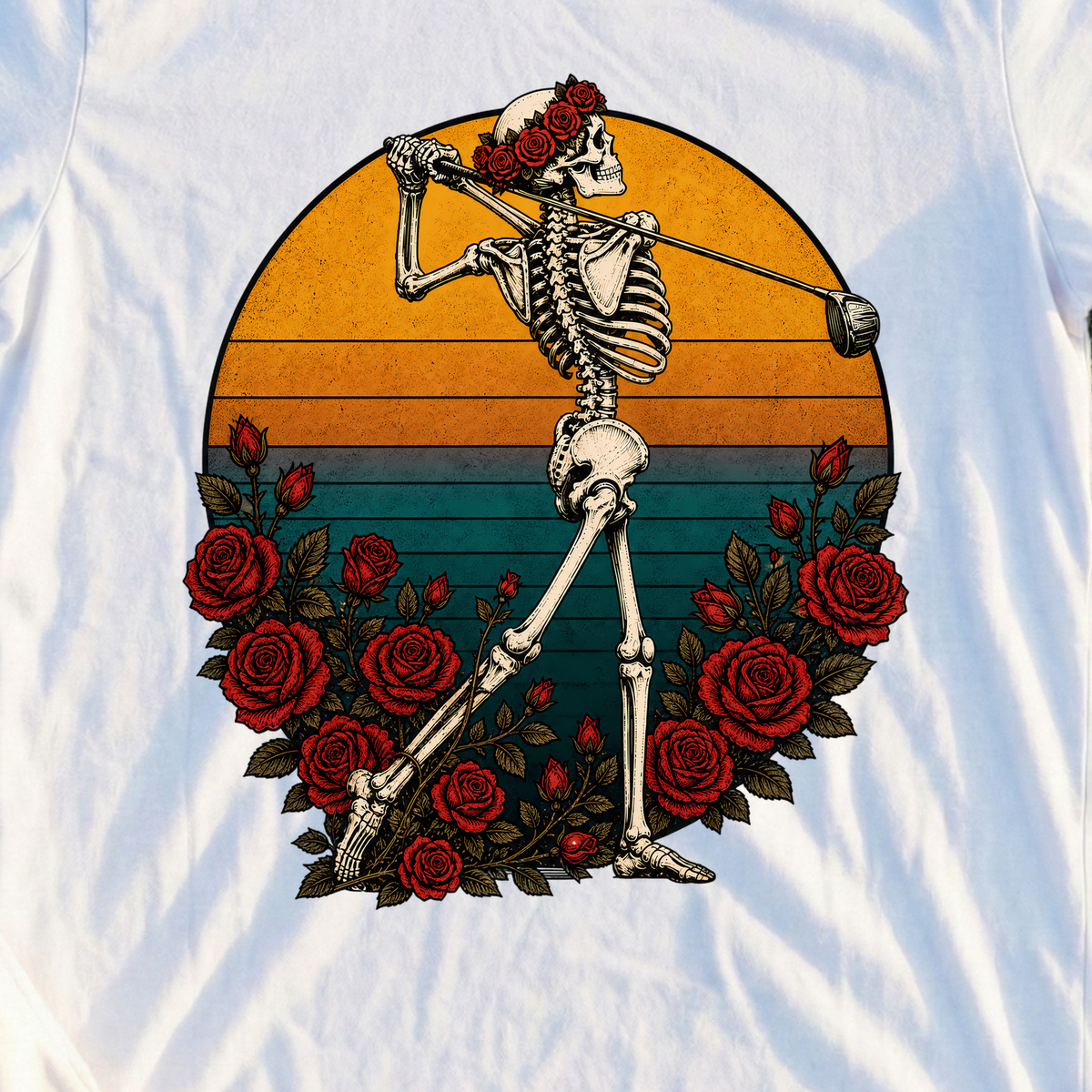 Rose Skeleton Sunset Finish Tee, print close-up on White