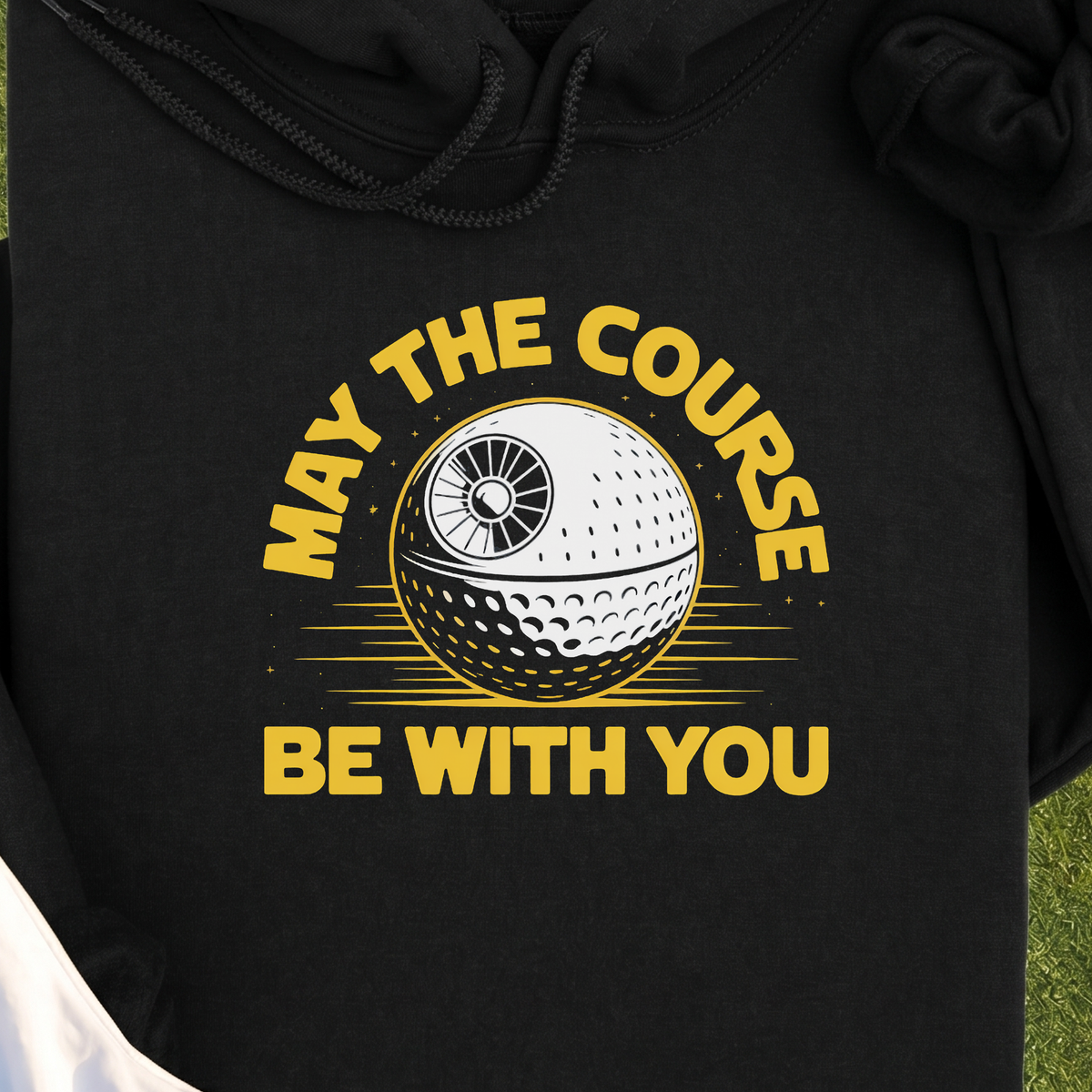 May The Course Be With You Hoodie, print close-up on Black