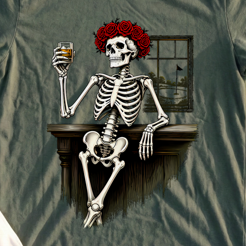 Rose Skeleton Nineteenth Hole Toast Tee, print close-up on Military Green