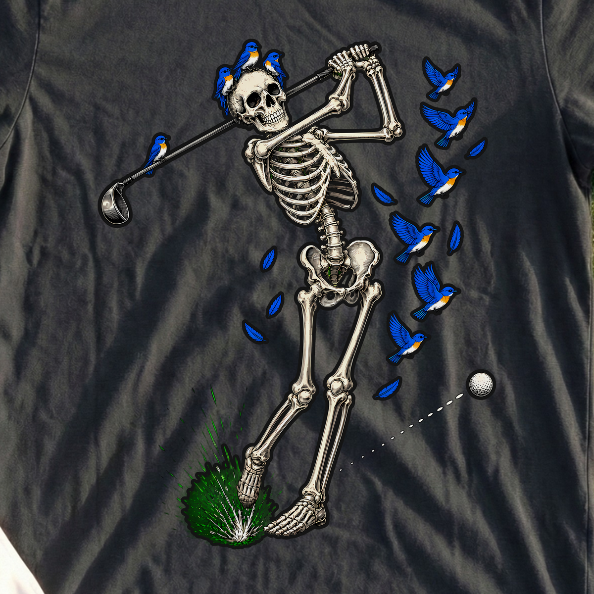 Birdie Skeleton Swing Tee, print close-up on Black