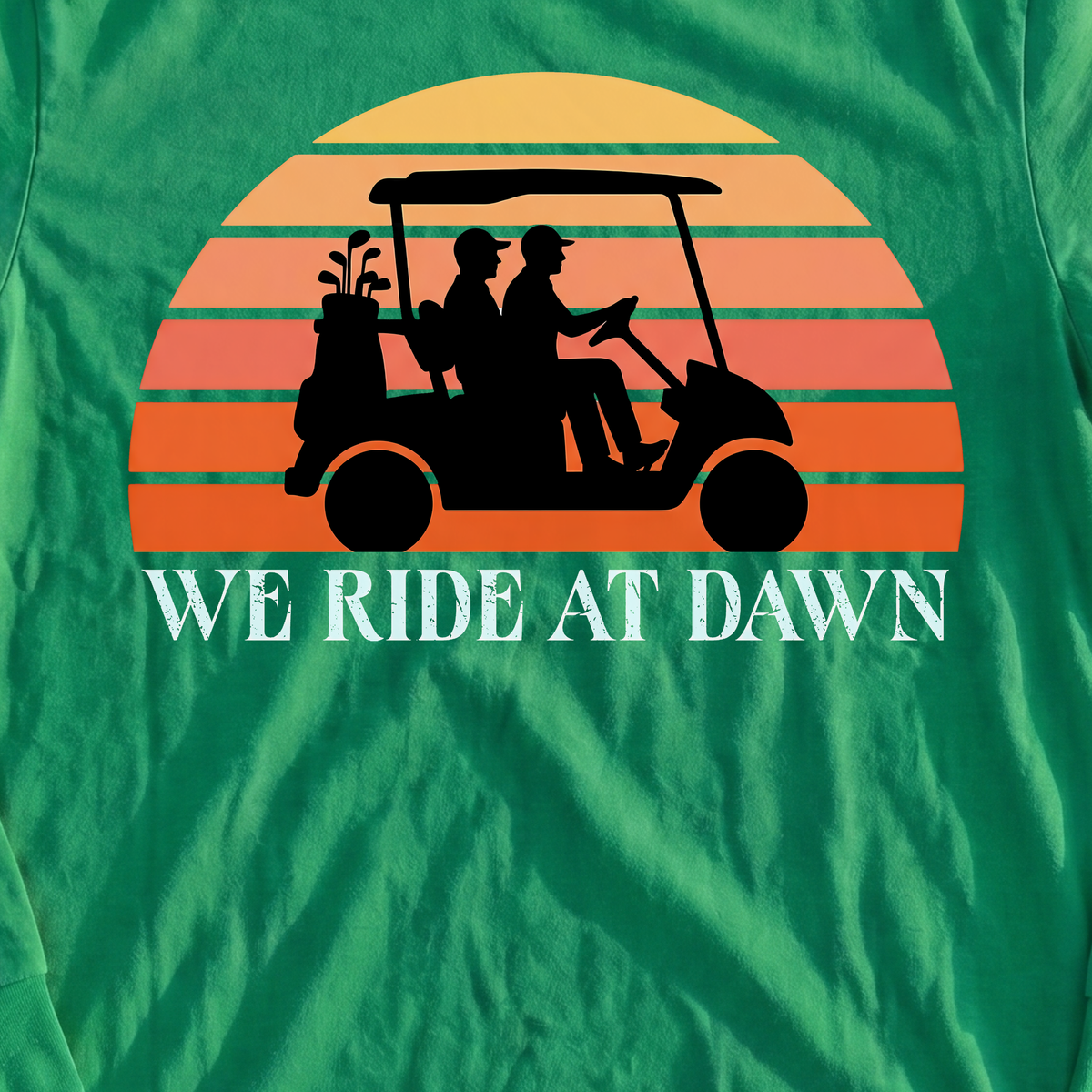 We Ride At Dawn Sunrise Long Sleeve Tee, print close-up on Irish Green