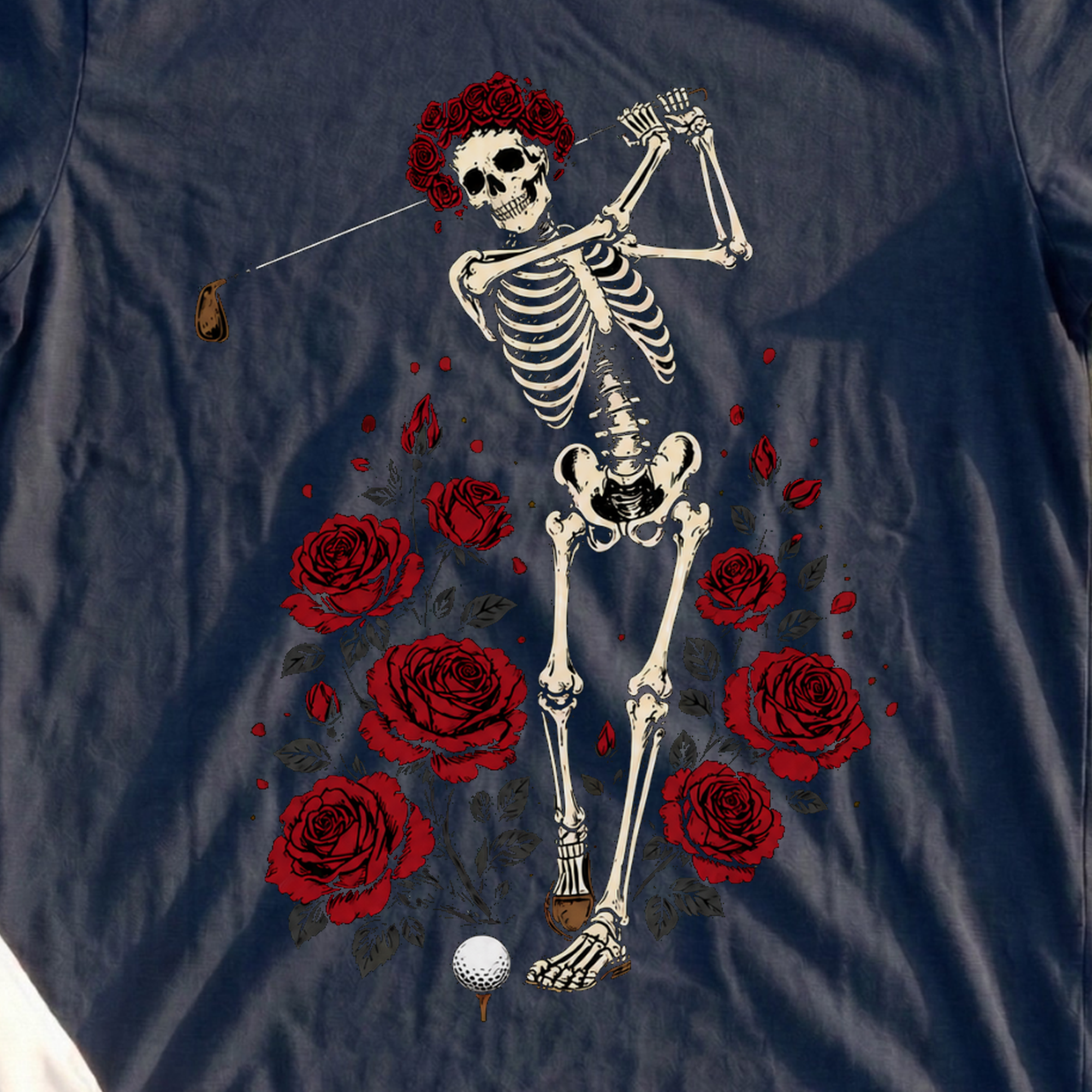 Roses And Bogeys Tee, print close-up on Navy