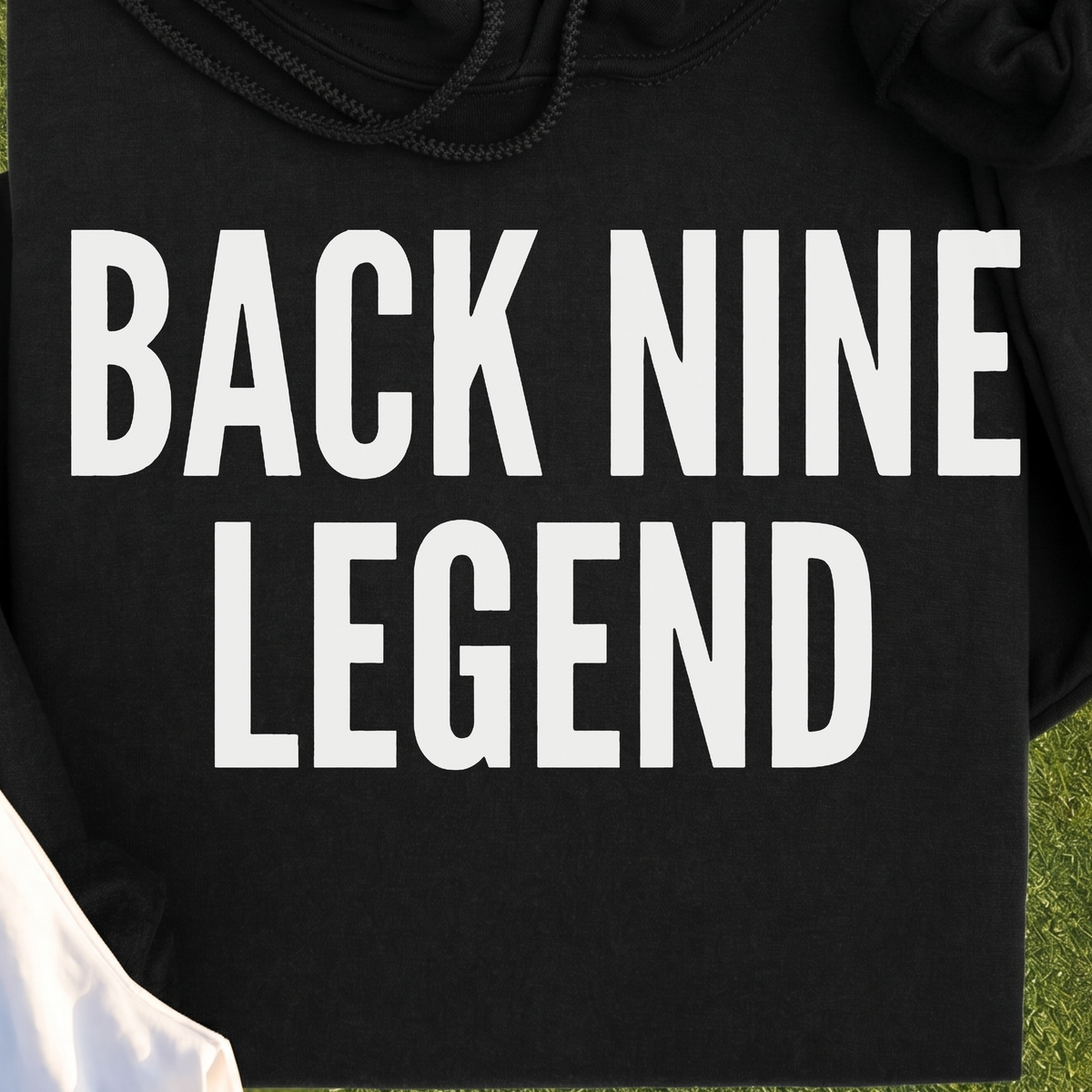 BACK NINE LEGEND Hoodie, print close-up on Black