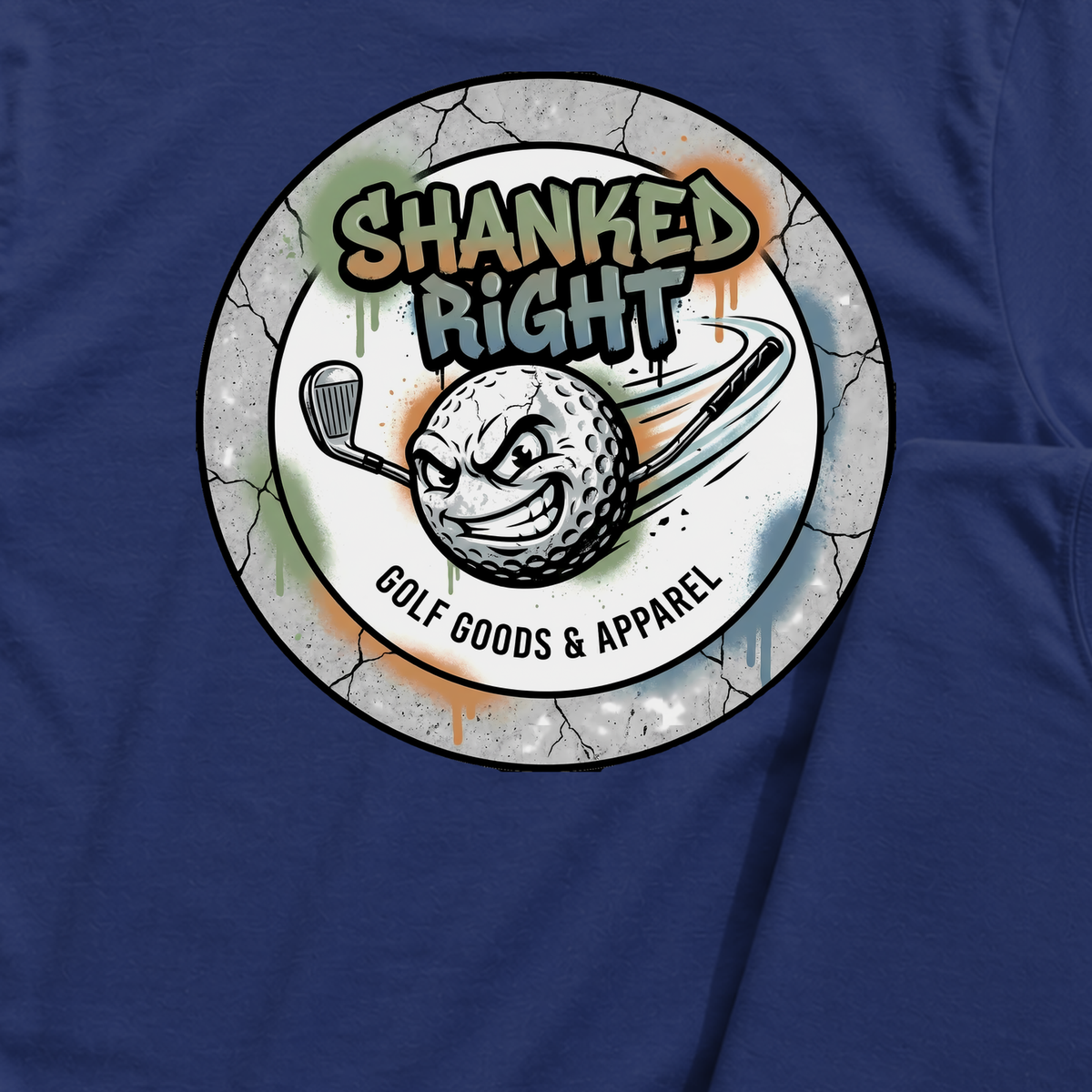 Shanked Right Logo Back Print Tee, print close-up on Navy