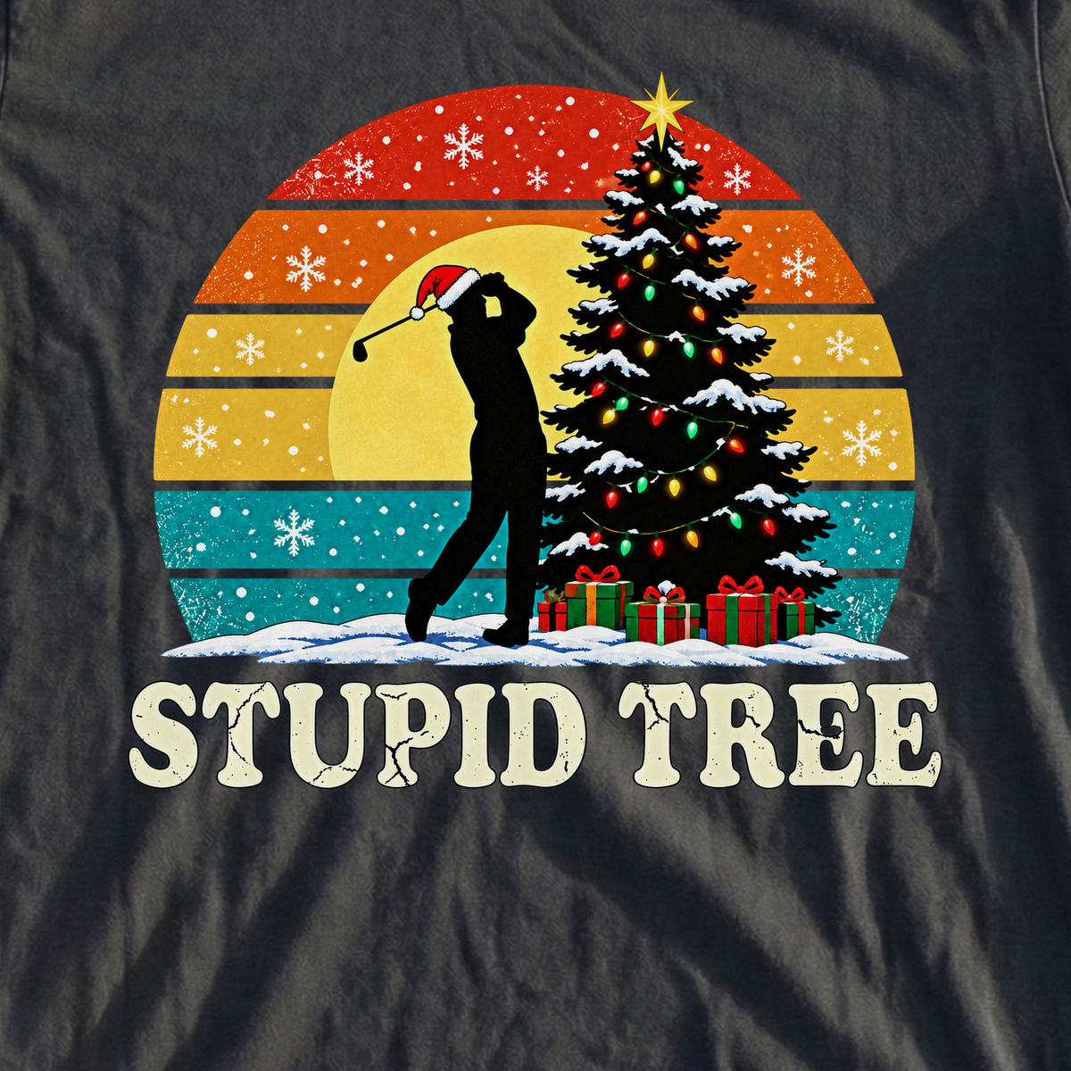 Stupid Tree Christmas Tee, print close-up on Black