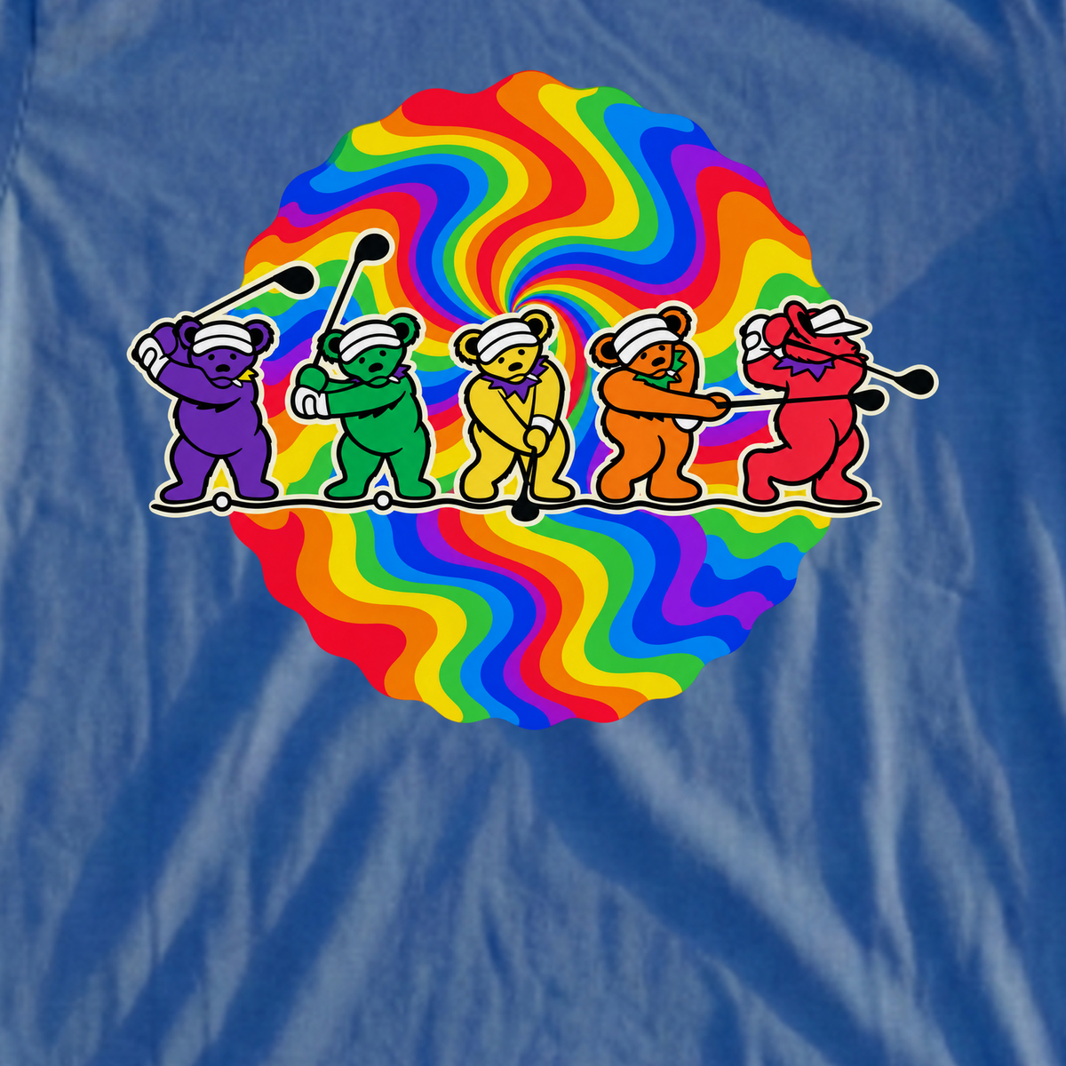 Golf Swing Bears Tie Dye Tee, print close-up on Royal