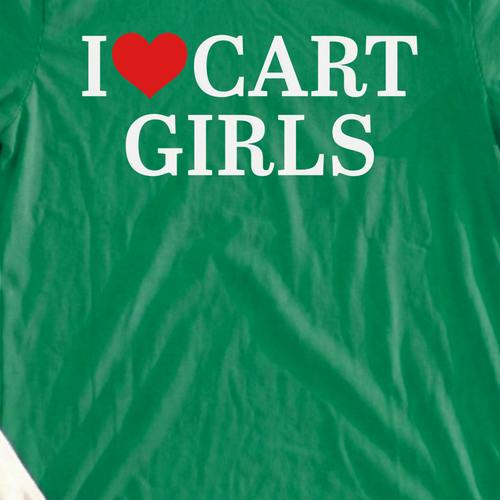 I Love Cart Girls Tee, print close-up on Irish Green