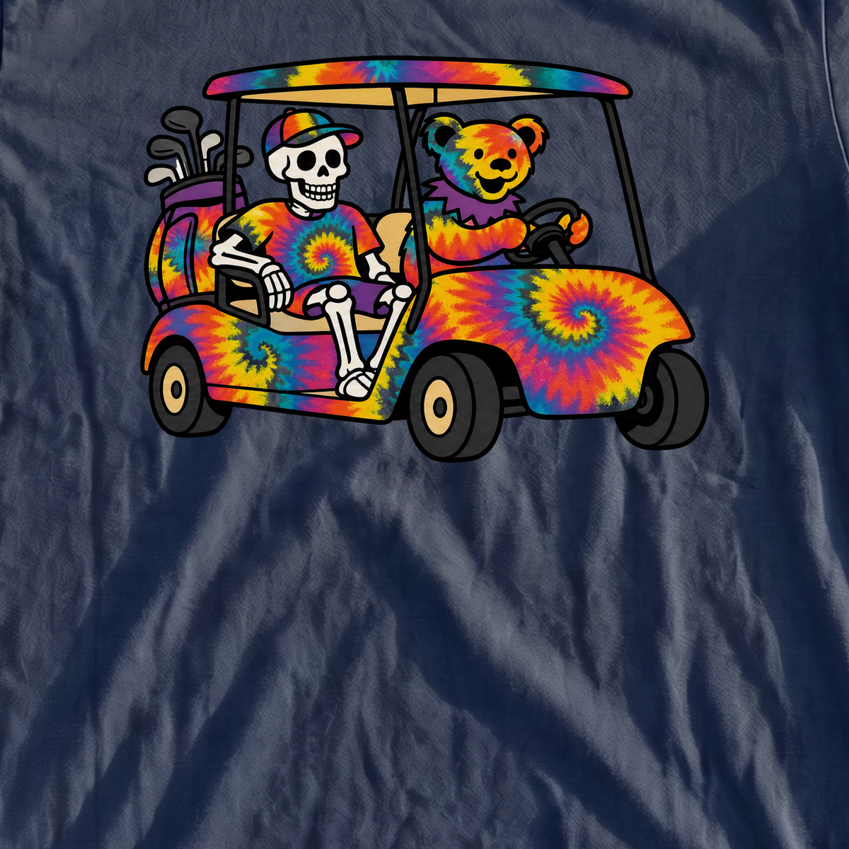Tie Dye Golf Cart Premium Tee, print close-up on True Navy
