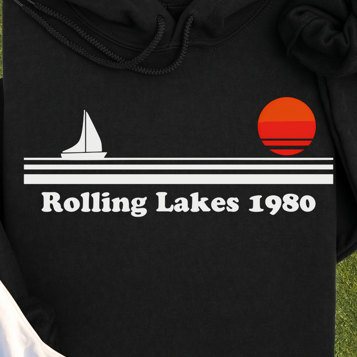 Rolling Lakes Yacht Club 1980 Hoodie, print close-up on Black