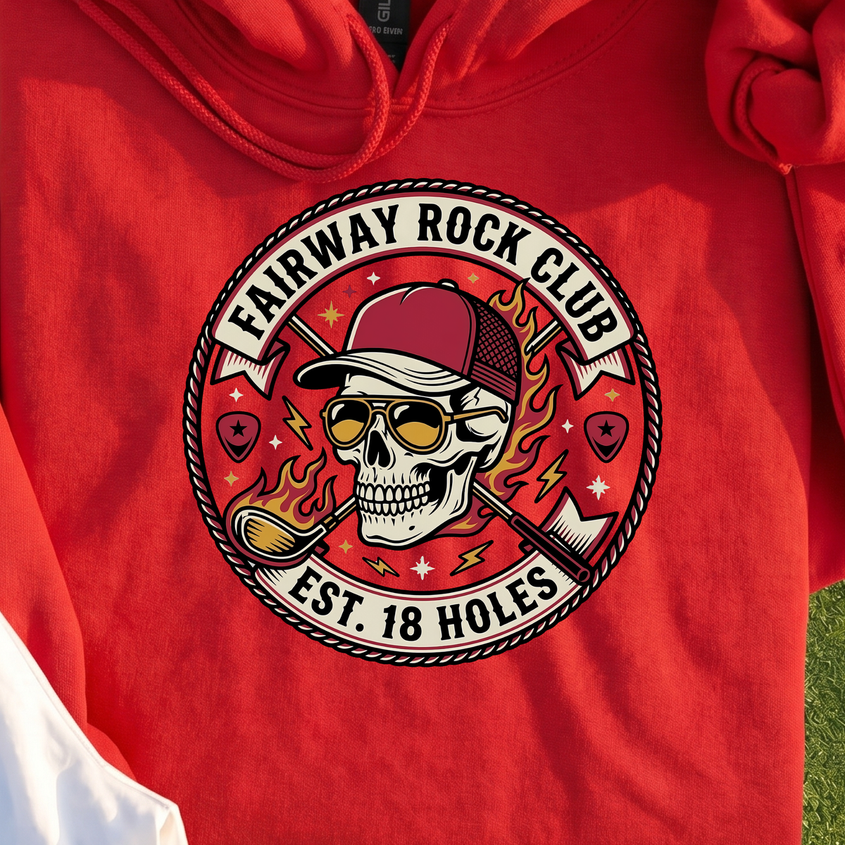 Fairway Rock Club Hoodie, print close-up on Red