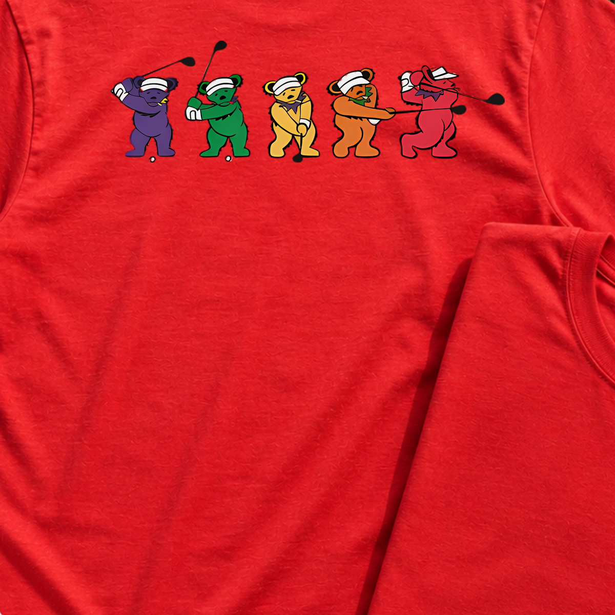 Golf Swing Bears Back Print Tee, print close-up on Red