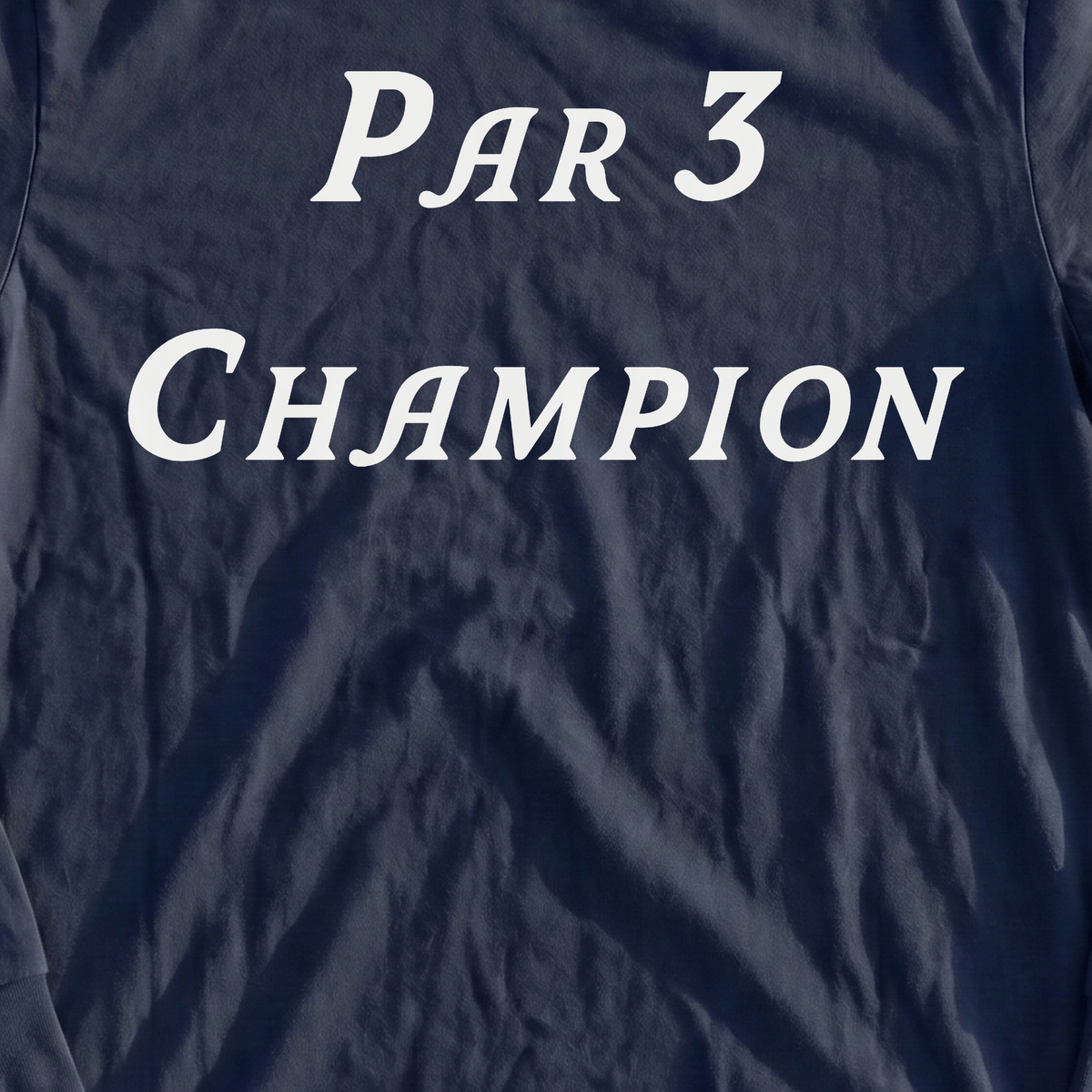Par 3 Champion Long Sleeve Tee, print close-up on Navy