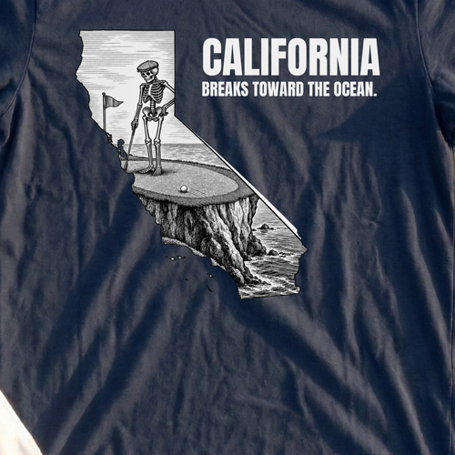 California Breaks Toward The Ocean Tee, print close-up on Navy