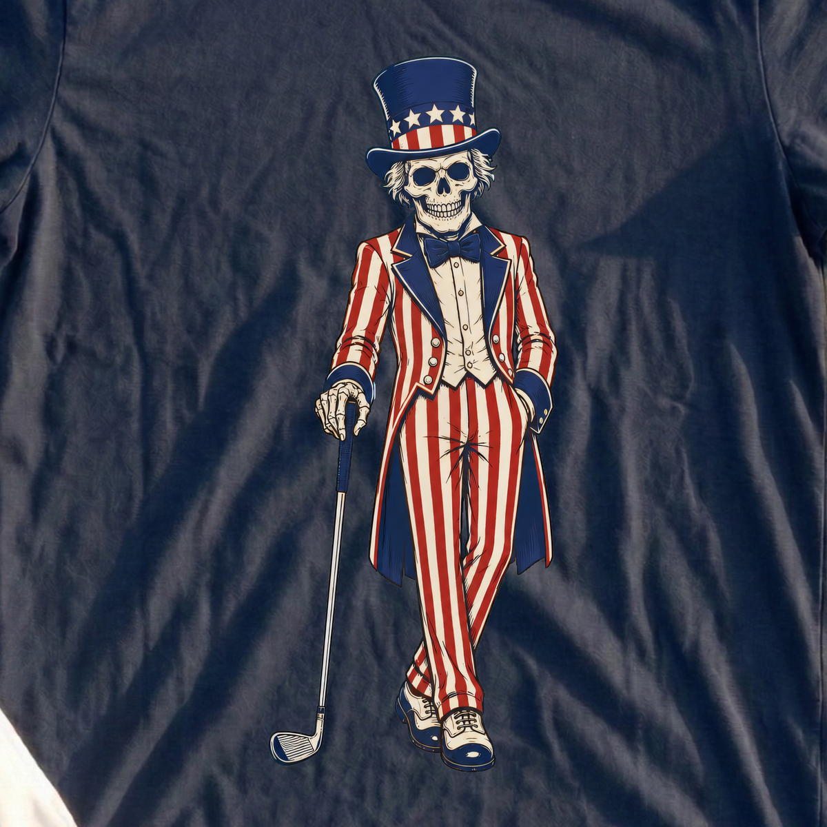 Uncle Sam Golfer Tee, print close-up on Navy