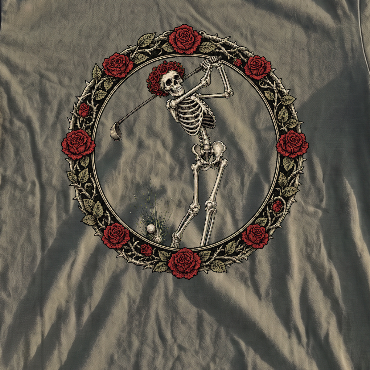 Rose Skeleton Crest Premium Tee, print close-up on Moss