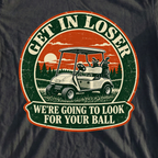 Get In Loser Ranger Badge Tee, print close-up on Black