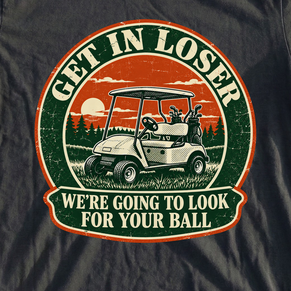 Get In Loser Ranger Badge Tee, print close-up on Black