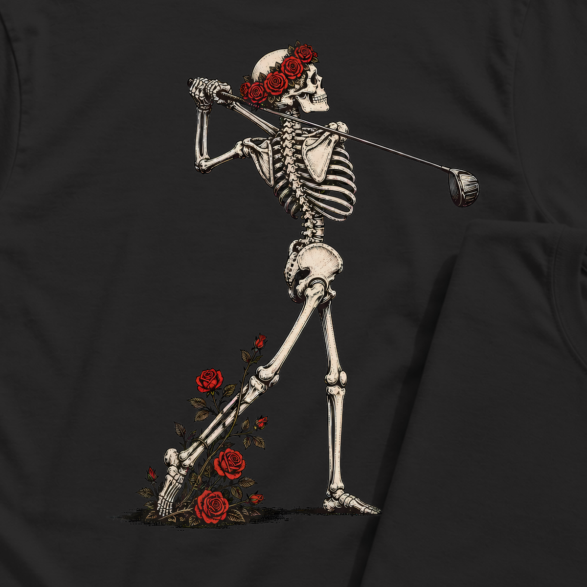 Rose Skeleton Follow Through Back Print Tee, print close-up on Black
