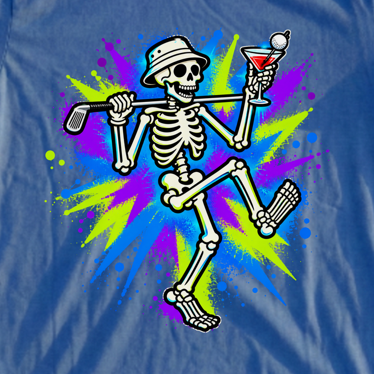 Martini Skeleton Strut Graffiti Tee, print close-up on Royal