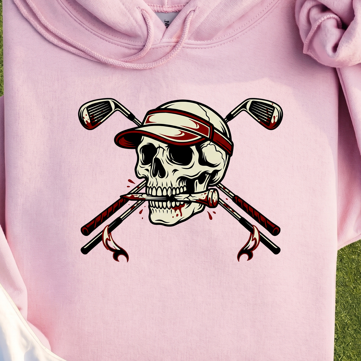 Skull and Cross Clubs Color Hoodie, print close-up on Light Pink
