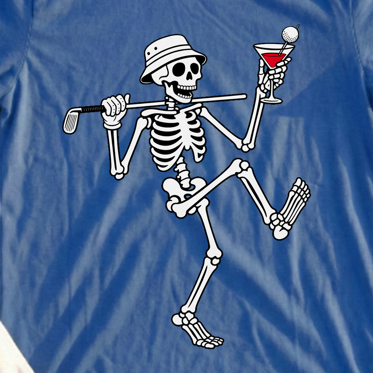 Martini Skeleton Strut Tee, print close-up on Royal