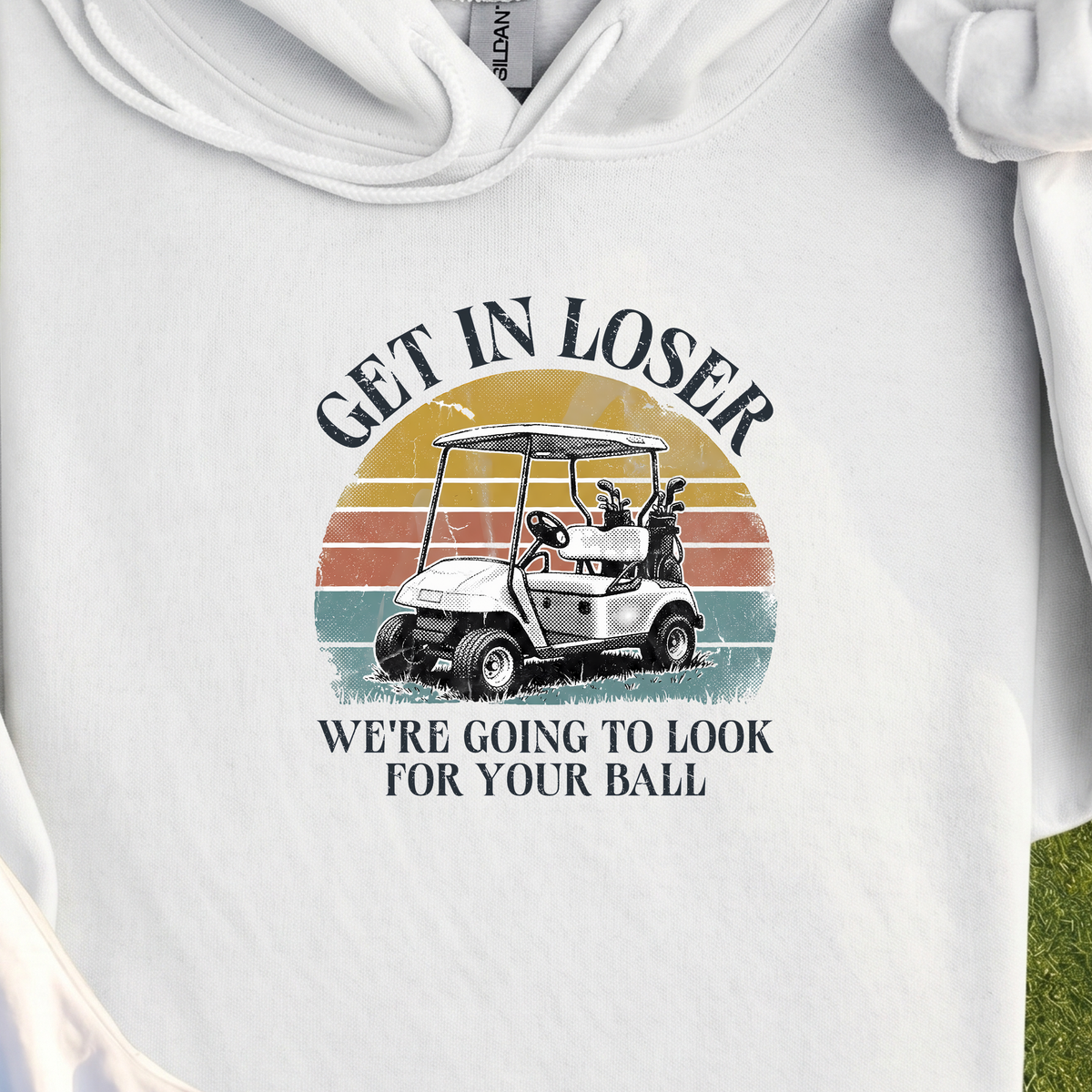 Get In Loser Hoodie, print close-up on White