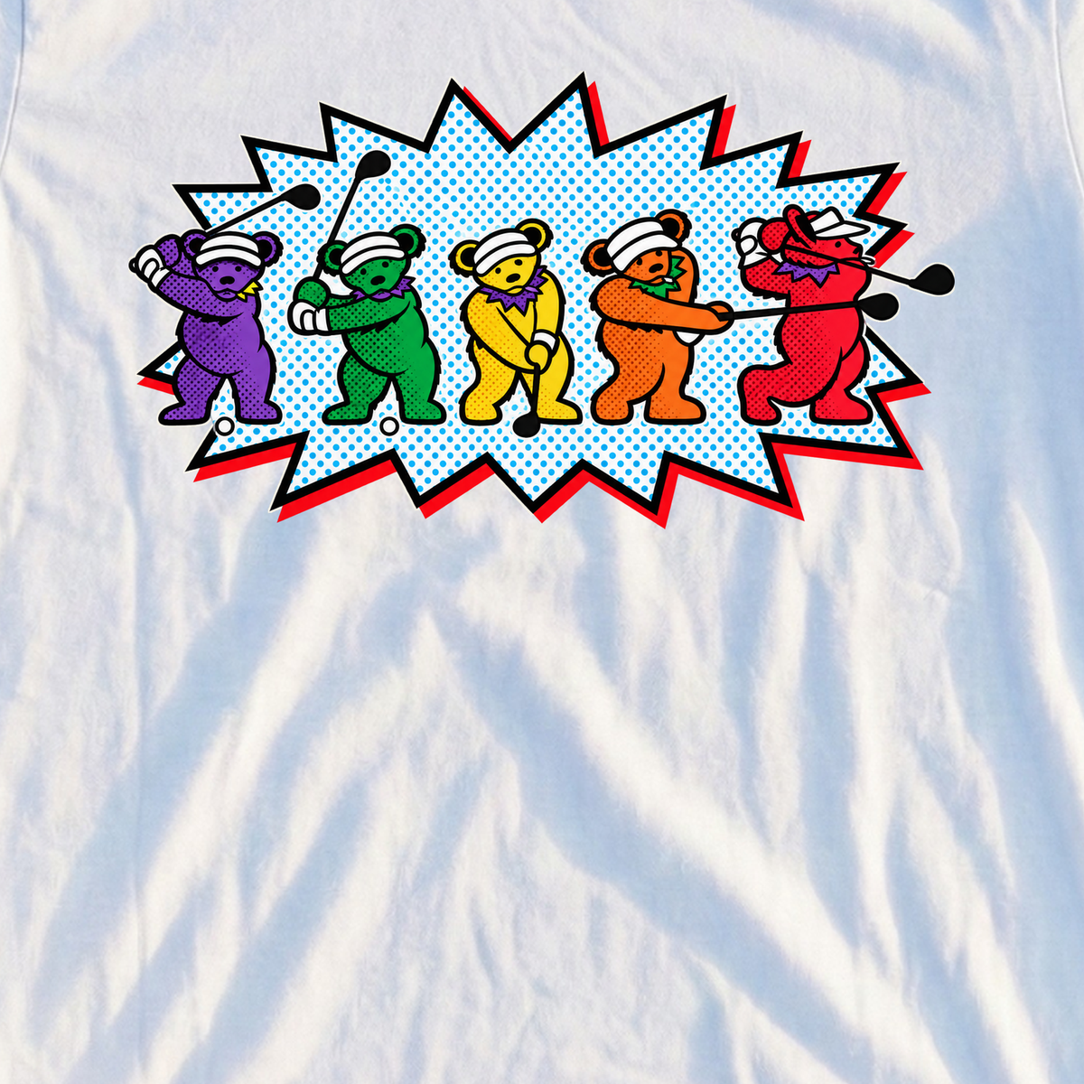 Golf Swing Bears Pop Art Tee, print close-up on White