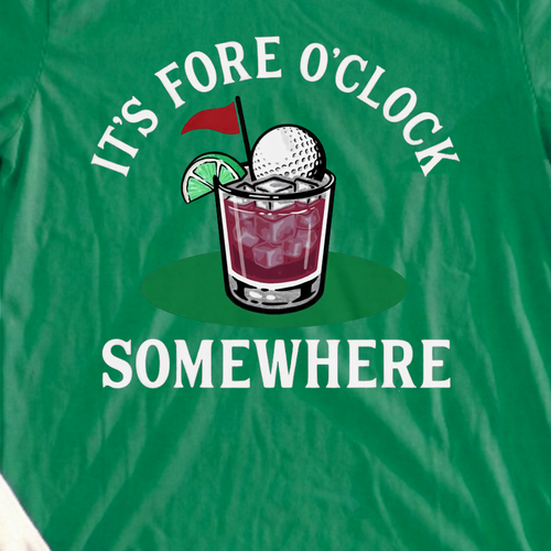 Fore O'Clock Somewhere Tee, print close-up on Irish Green