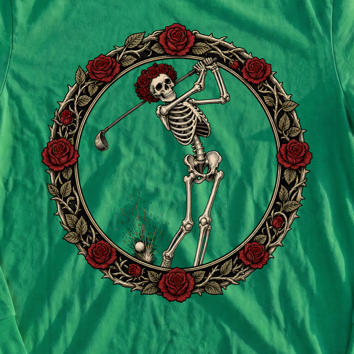 Rose Skeleton Crest Long Sleeve Tee, print close-up on Irish Green