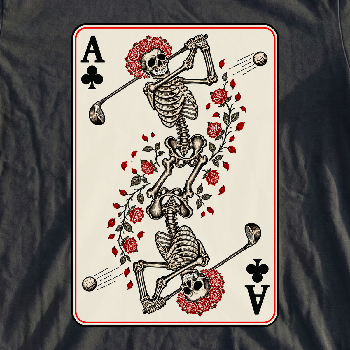 Rose Skeleton Ace Of Clubs Tee, print close-up on Black
