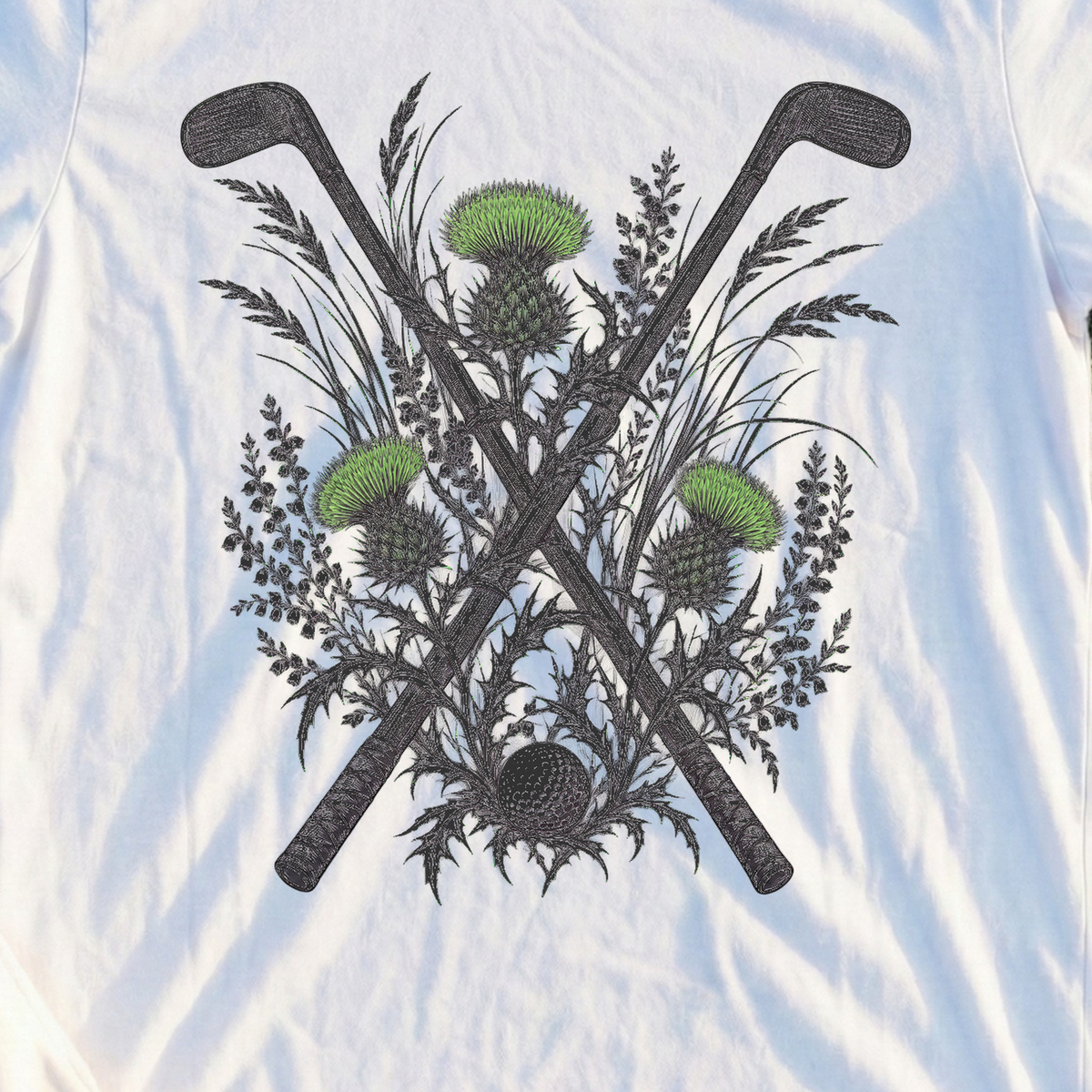 Thistle And Hickory Tee, print close-up on White