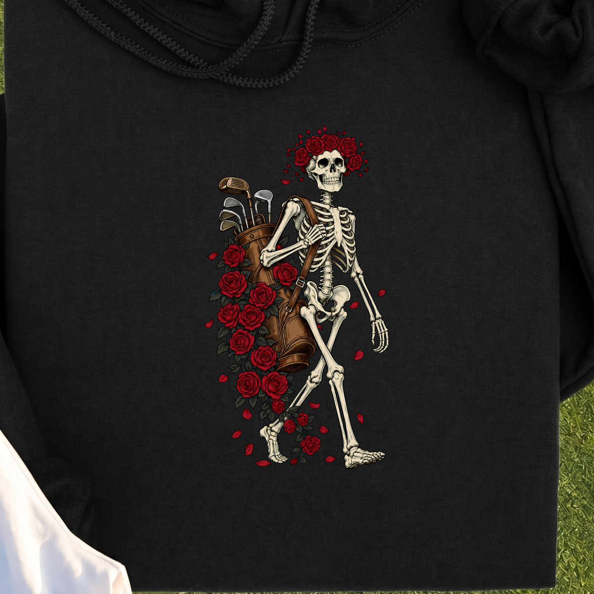 Skeleton Caddie Hoodie, print close-up on Black