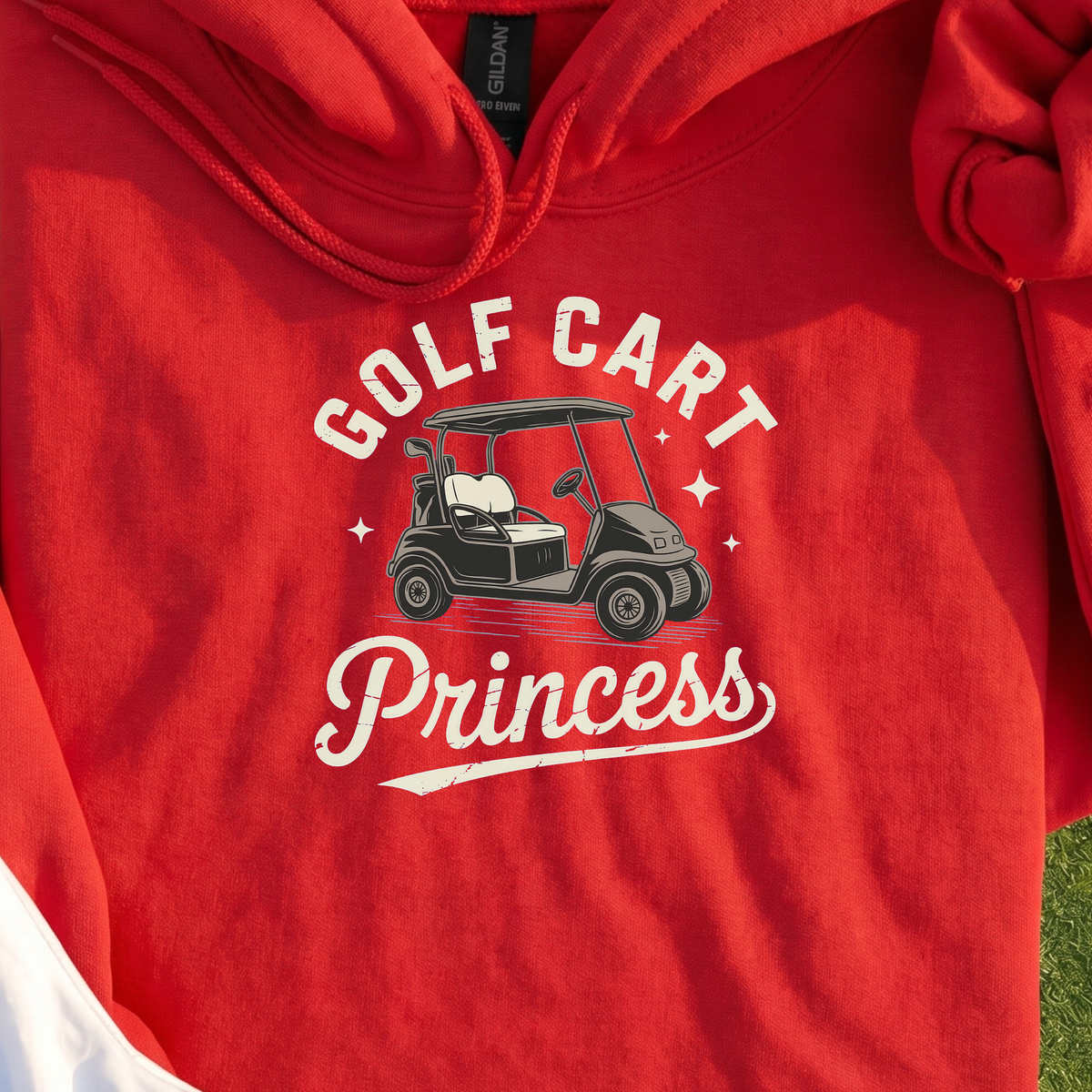 Golf Cart Princess Hoodie, print close-up on Red