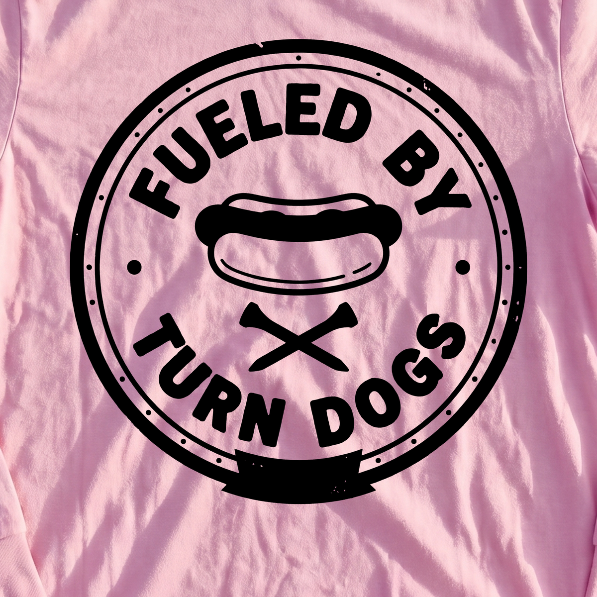 Fueled By Turn Dogs Long Sleeve Tee, print close-up on Light Pink